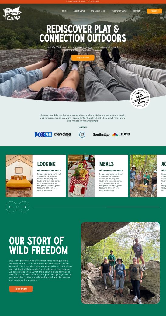 Outdoor adventure website homepage with hikers in a hammock and a group walking in a forest.