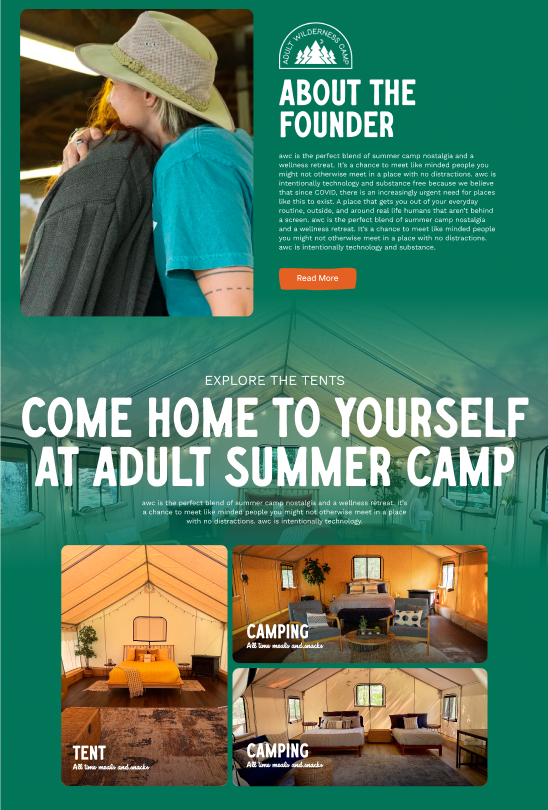 Adult summer camp ad with two people, cabin and tent scenes, and headline “Come Home to Yourself”
