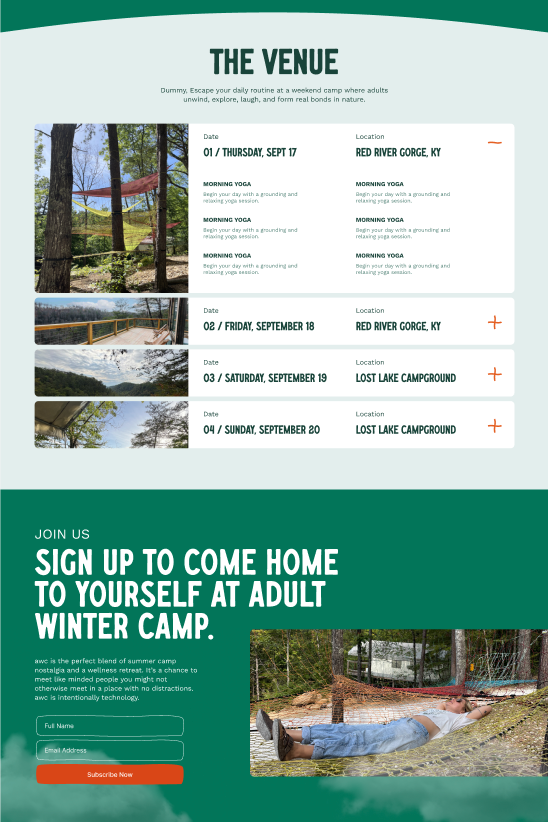 Venue page for adult winter camp, with lodge and forest photos and green signup banner