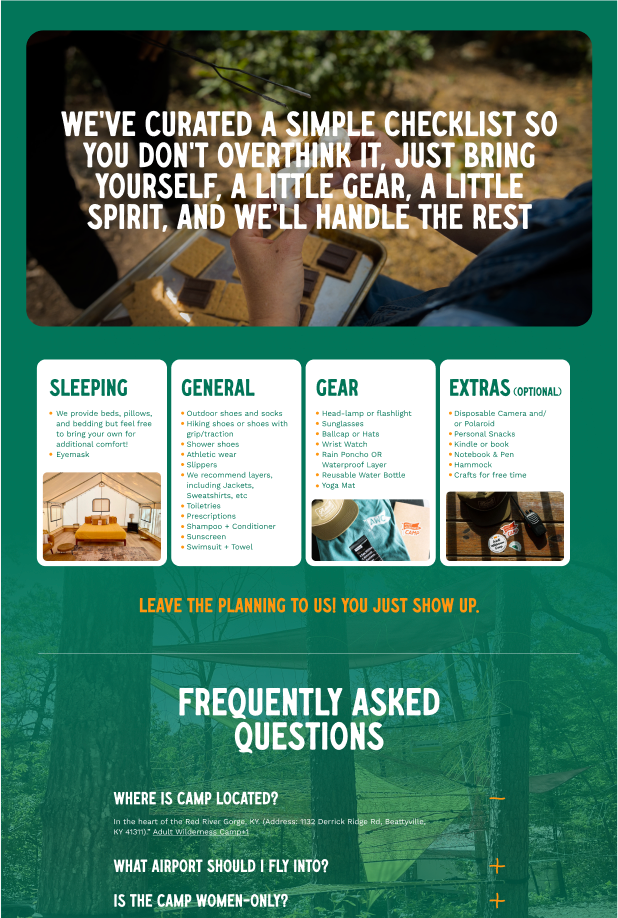 Camping checklist infographic with four sections and a forest scene at the top