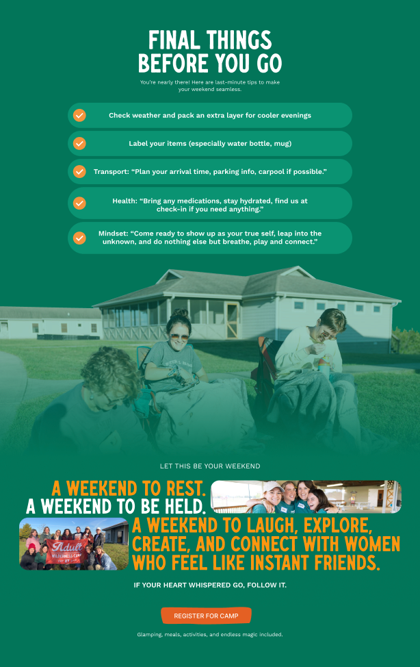 Flyer for a women’s retreat with a green background, house photo, and weekend getaway details.