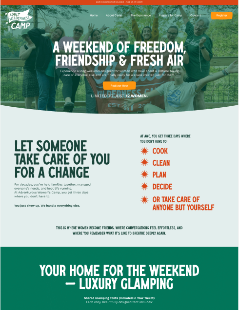 Summer camp website landing page with green hero banner and text promoting freedom, friendship, and fresh air