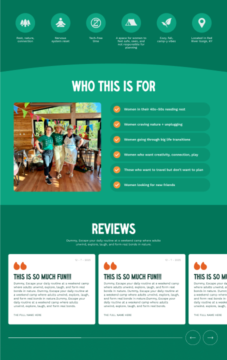 Green webpage section with “Who This Is For” icons, a central photo, and customer reviews below