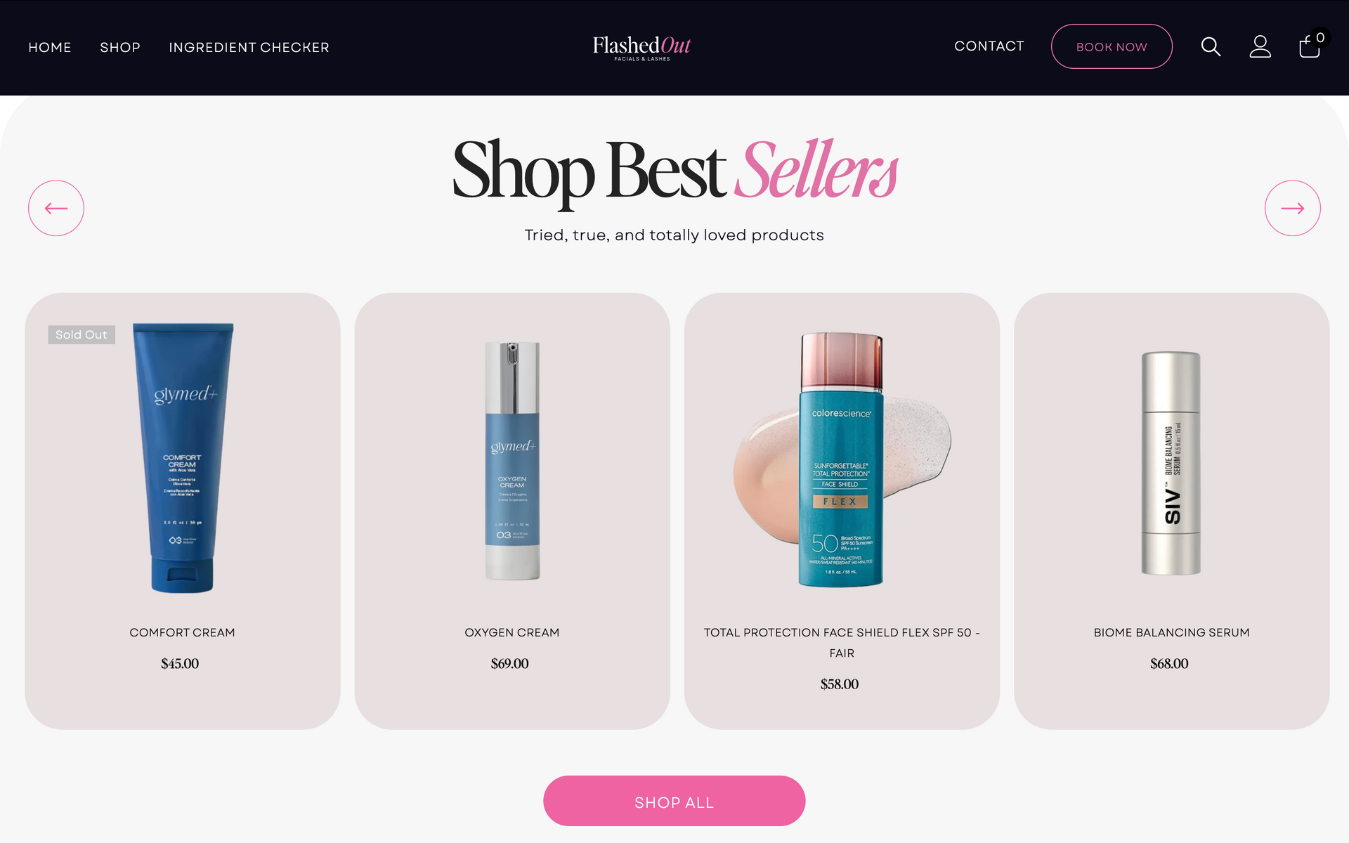 Online skincare shop homepage showing a “Shop Best Sellers” product grid with four cosmetic items on pink cards