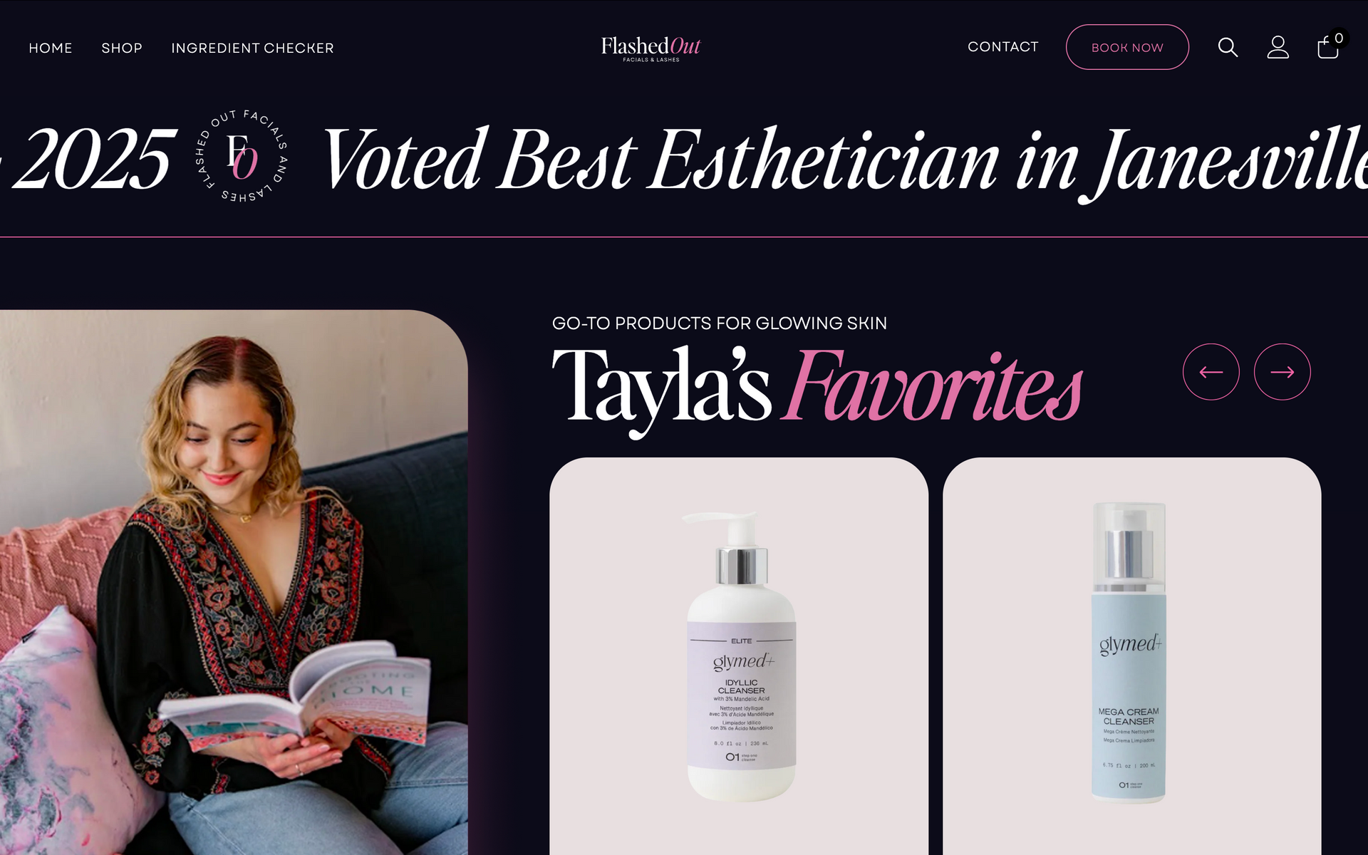 Promotional banner with a woman reading and two skincare bottles labeled “Tayla’s Favorites”