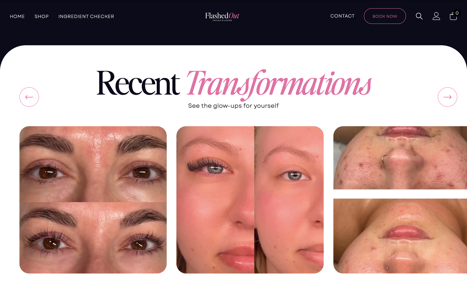 Before-and-after facial transformation collage showing skin redness and makeup changes on a beauty website