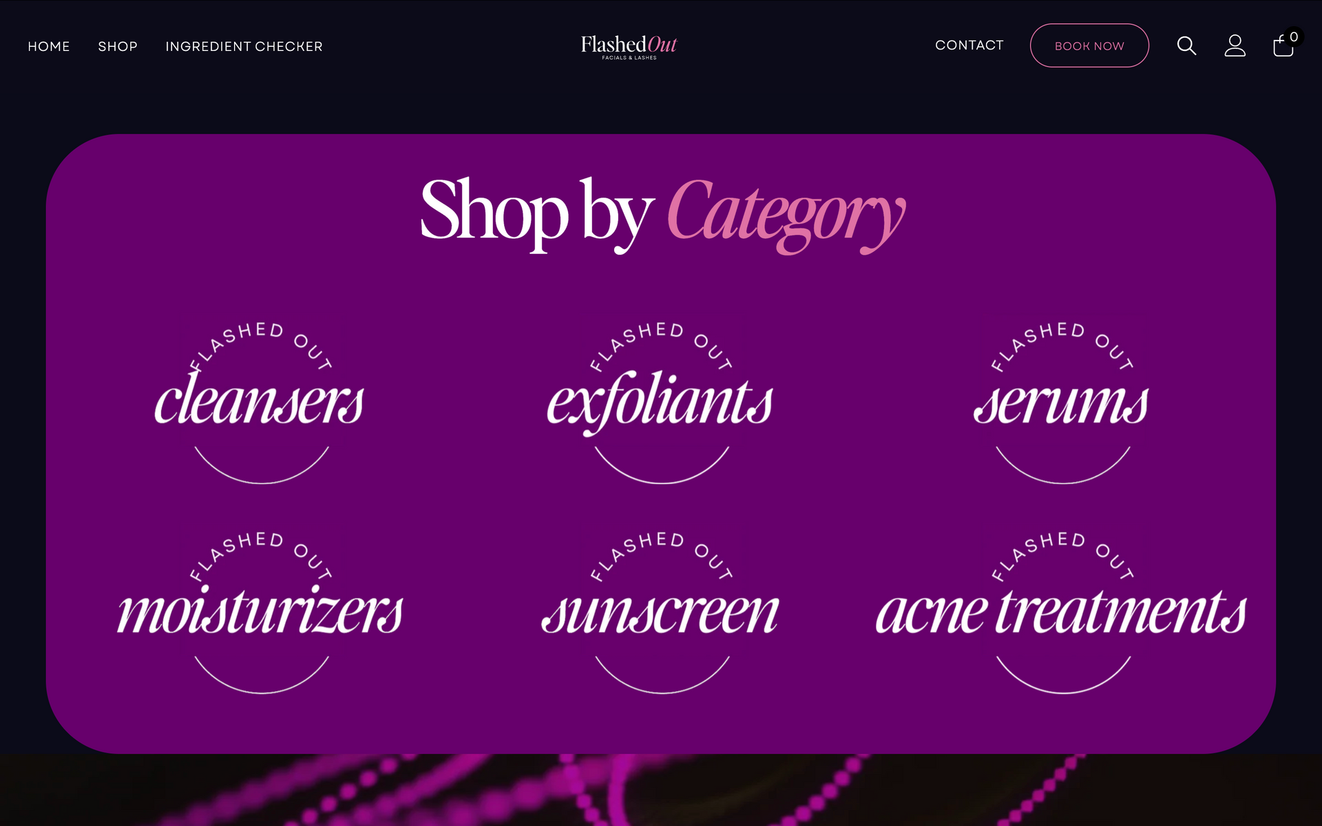 Purple “Shop by Category” menu with cleansers, exfoliants, serums, moisturizers, sunscreen, and acne treatments