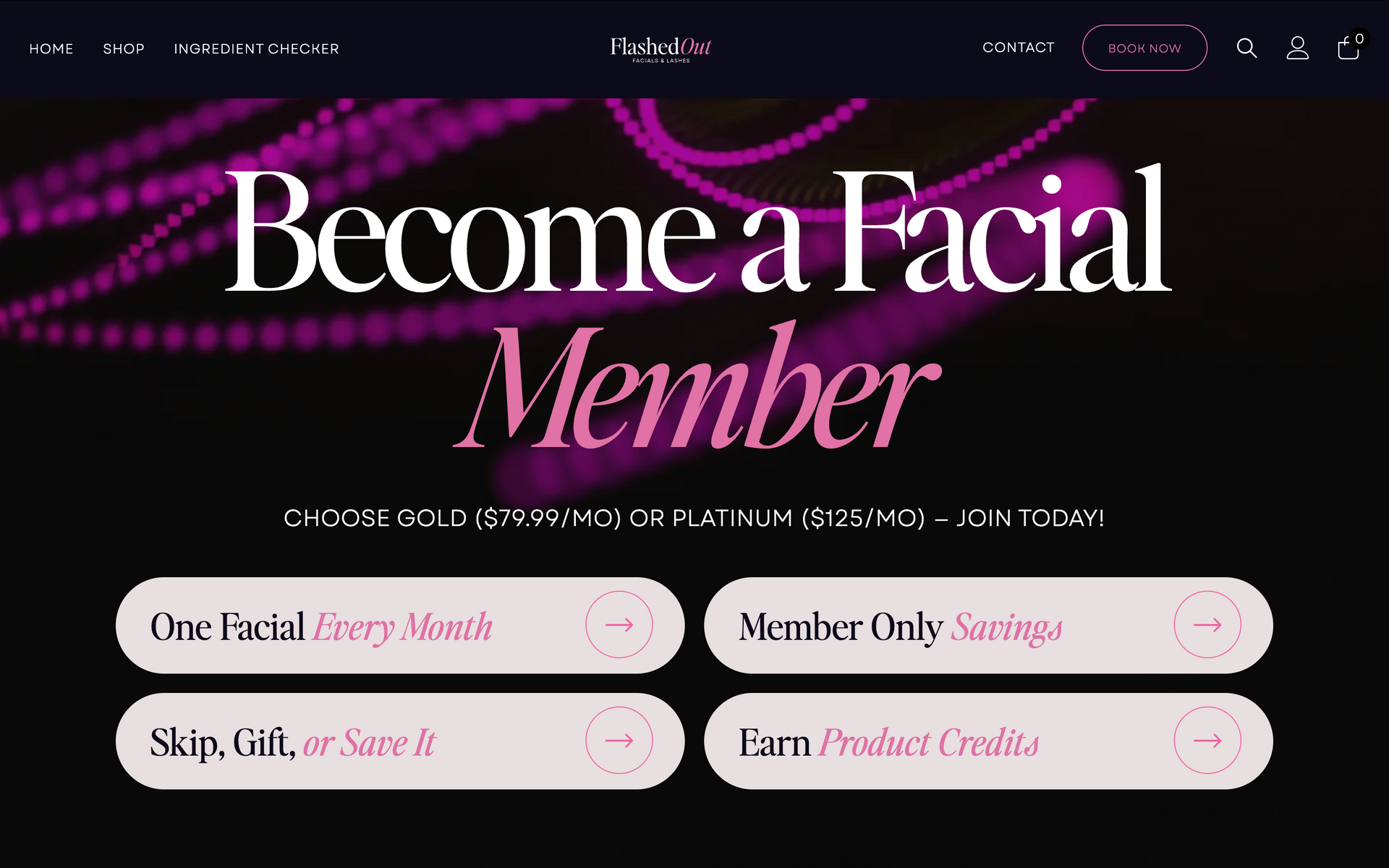 Membership signup webpage with pink and white buttons on a black background: “Become a Facial Member.”
