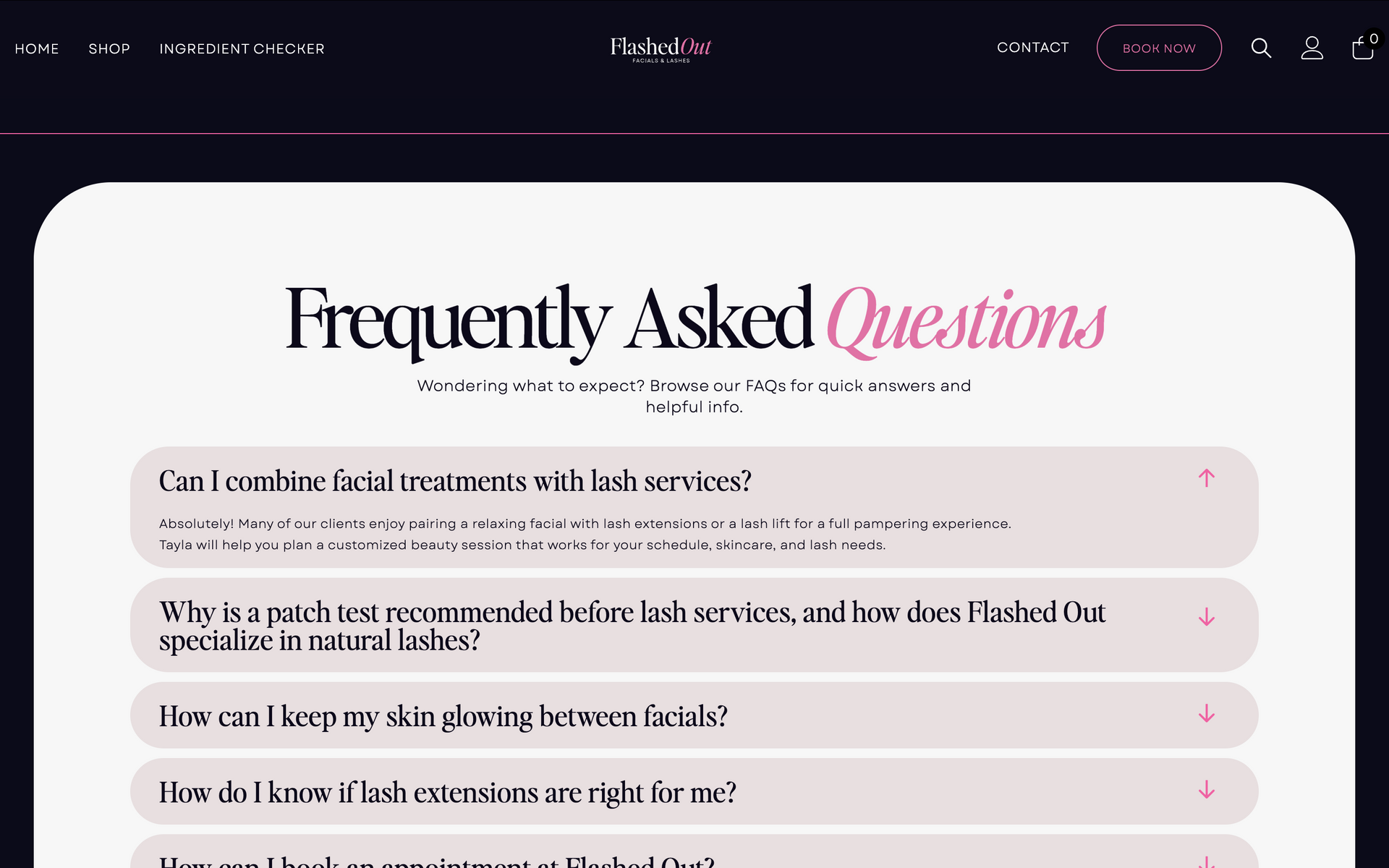 FAQ page with white accordion cards on a dark background, titled “Frequently Asked Questions”