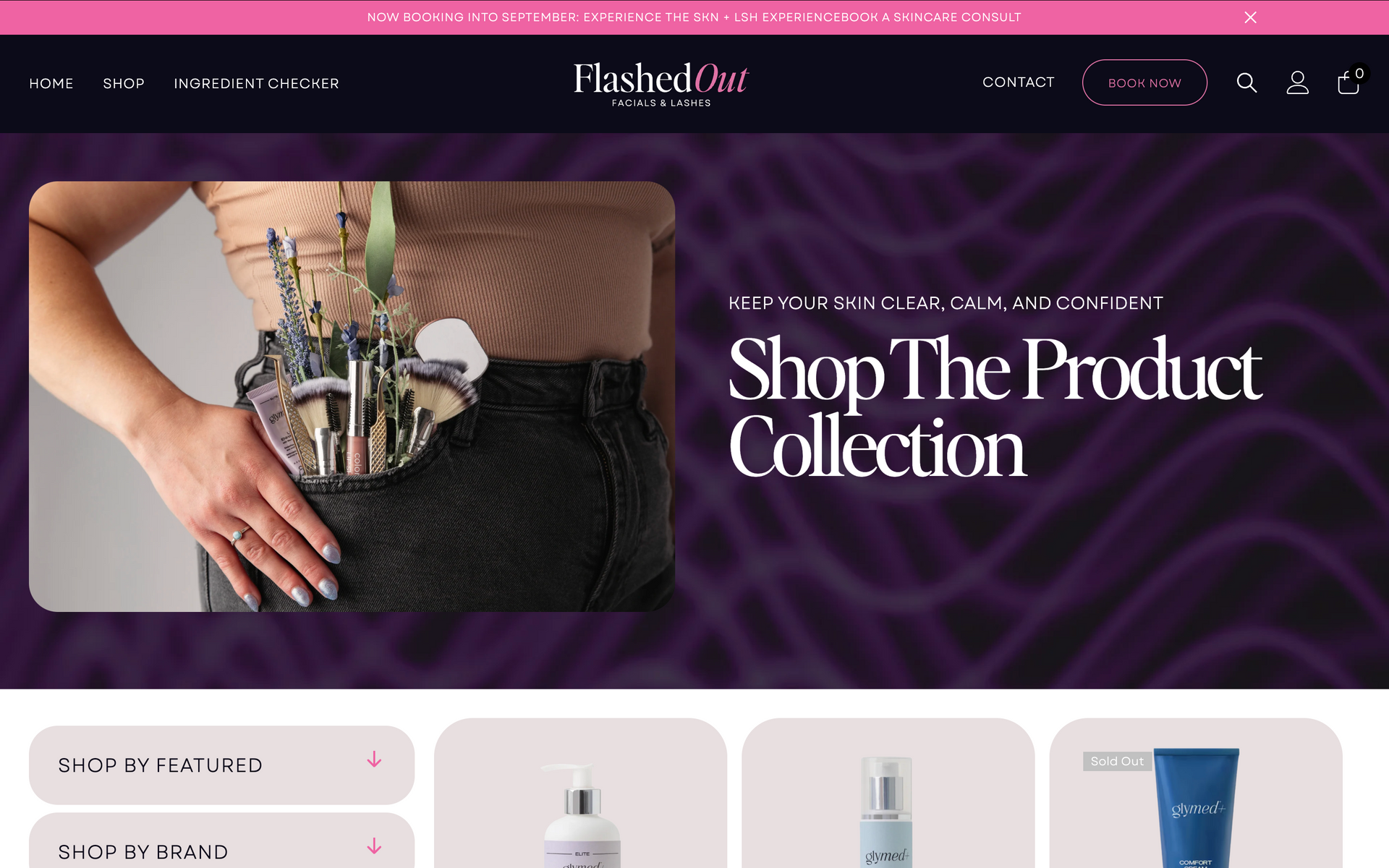 E-commerce homepage featuring a handbag and product collection with cosmetics and clothing items.