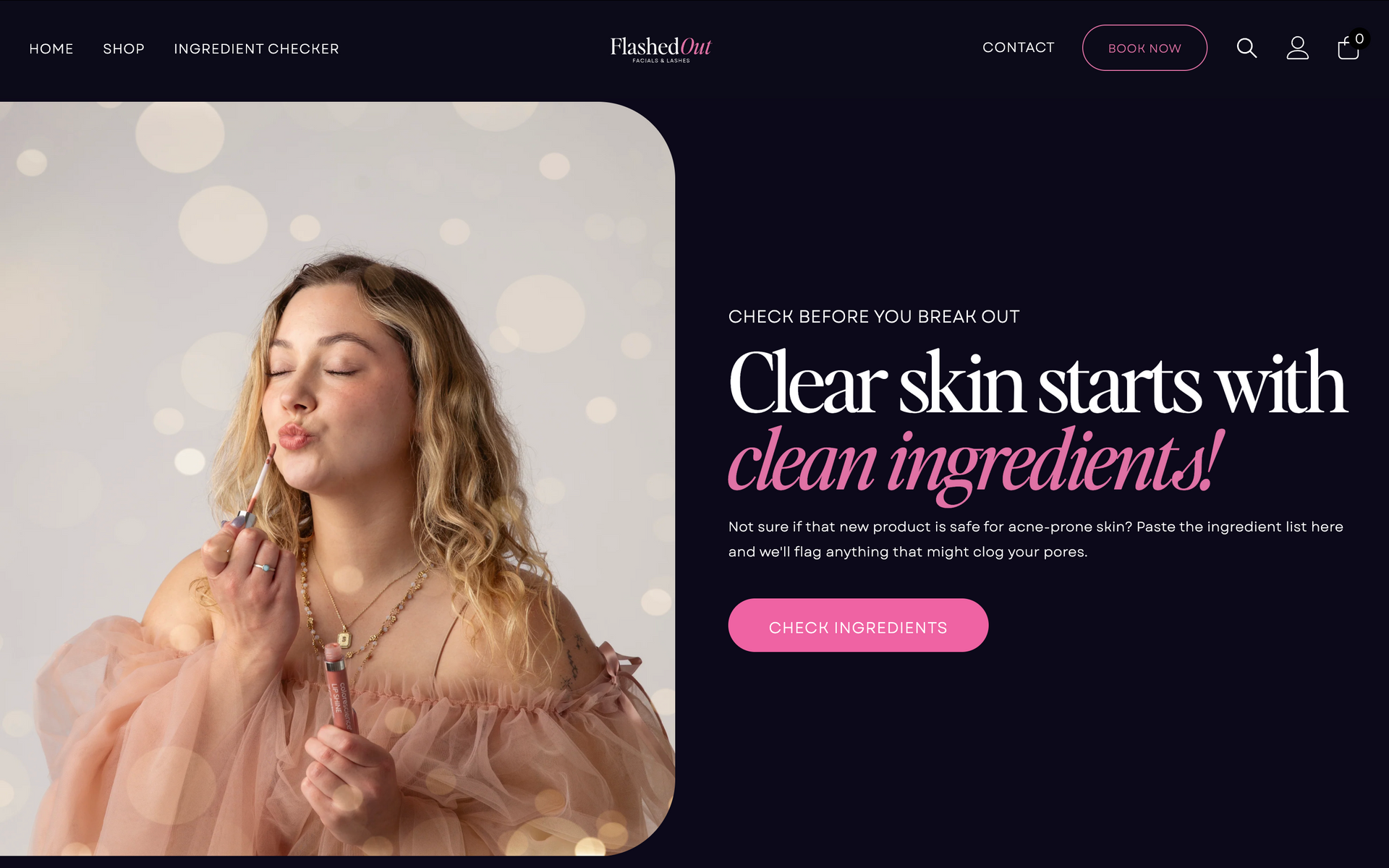 Woman in blush dress beside skincare ad reading “Clear skin starts with clean ingredients”