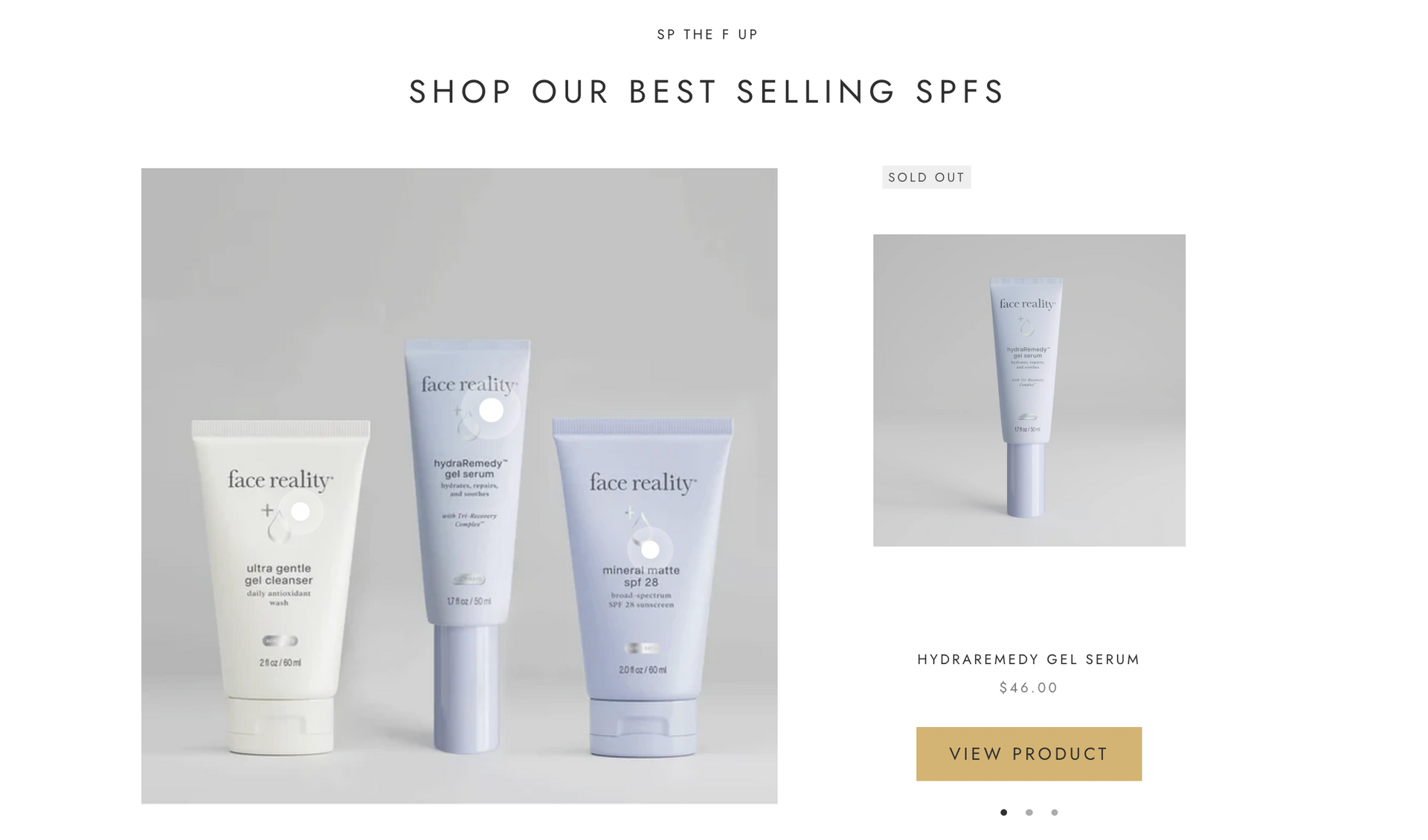 Promotional layout of skincare SPF products with three tubes and a “Buy now” button