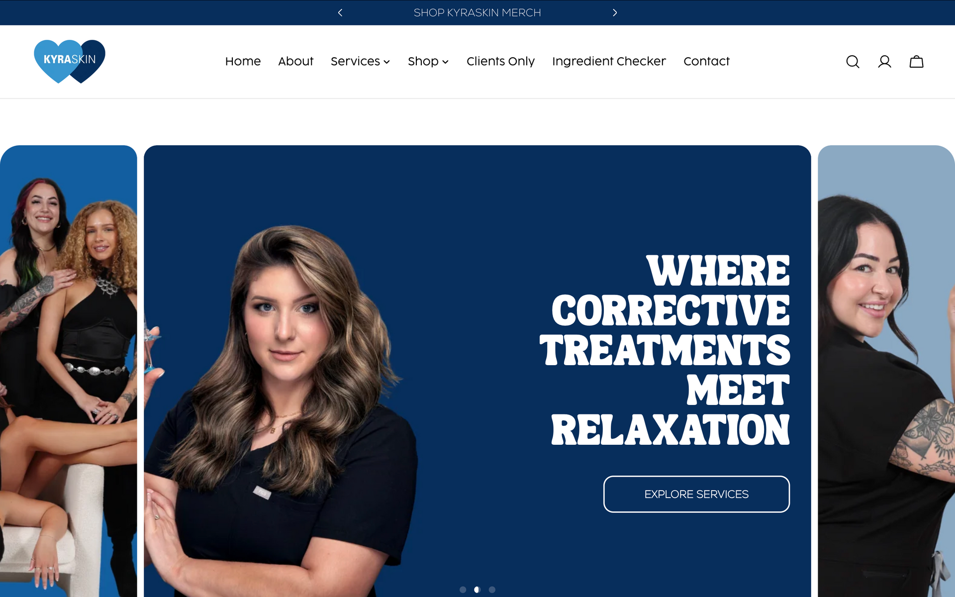 Website hero banner for an orthodontic clinic with smiling staff and text: “Where Corrective Treatments Meet Relaxation”