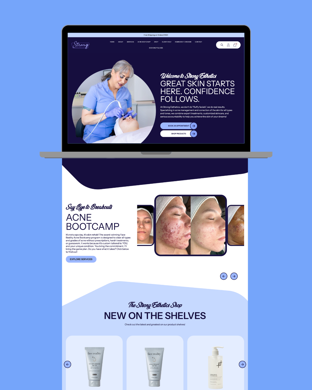 Laptop displaying skincare website with blue hero banner and product images beneath