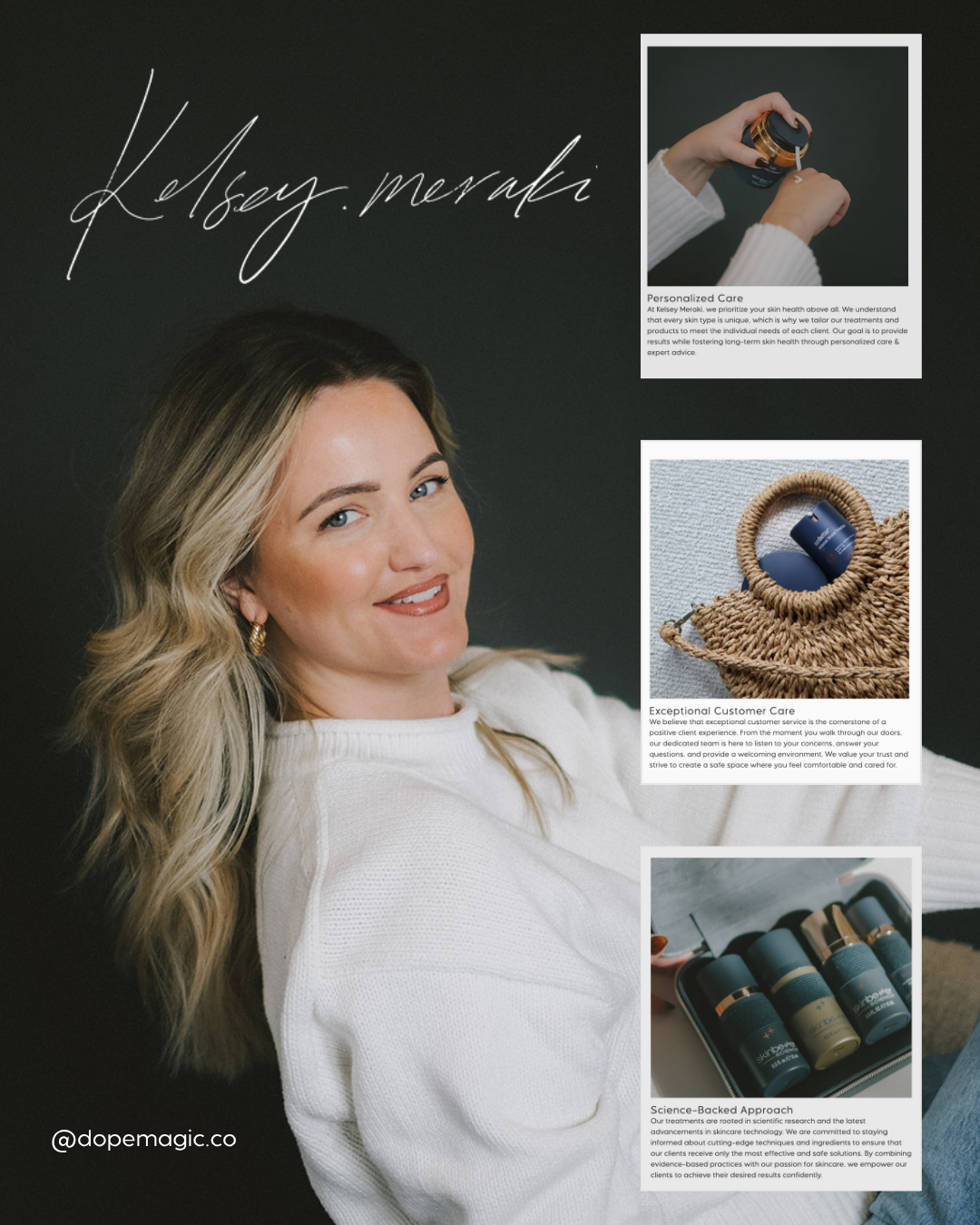Woman in a white sweater smiling beside a three-panel collage of jewelry and product photos