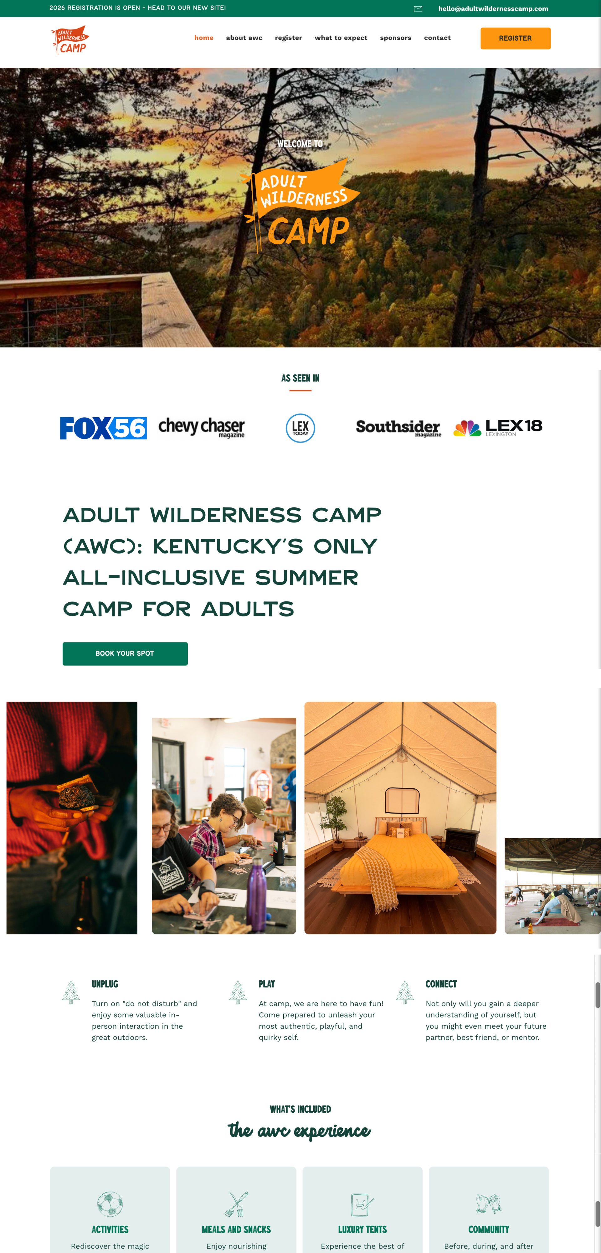 Camp website homepage with autumn forest hero image, navigation bar, and glamping lodge cards below