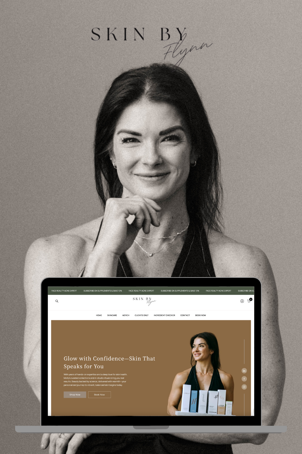 Woman holding a laptop displaying a skincare website on a beige background