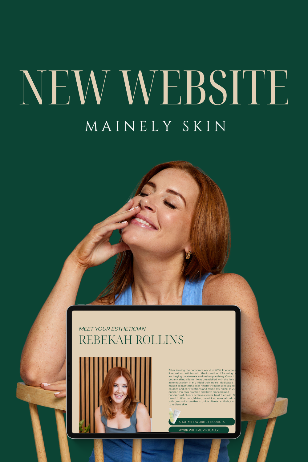 Woman smiling at a laptop on a green promotional website mockup with “NEW WEBSITE” and “MAINLY SKIN” text