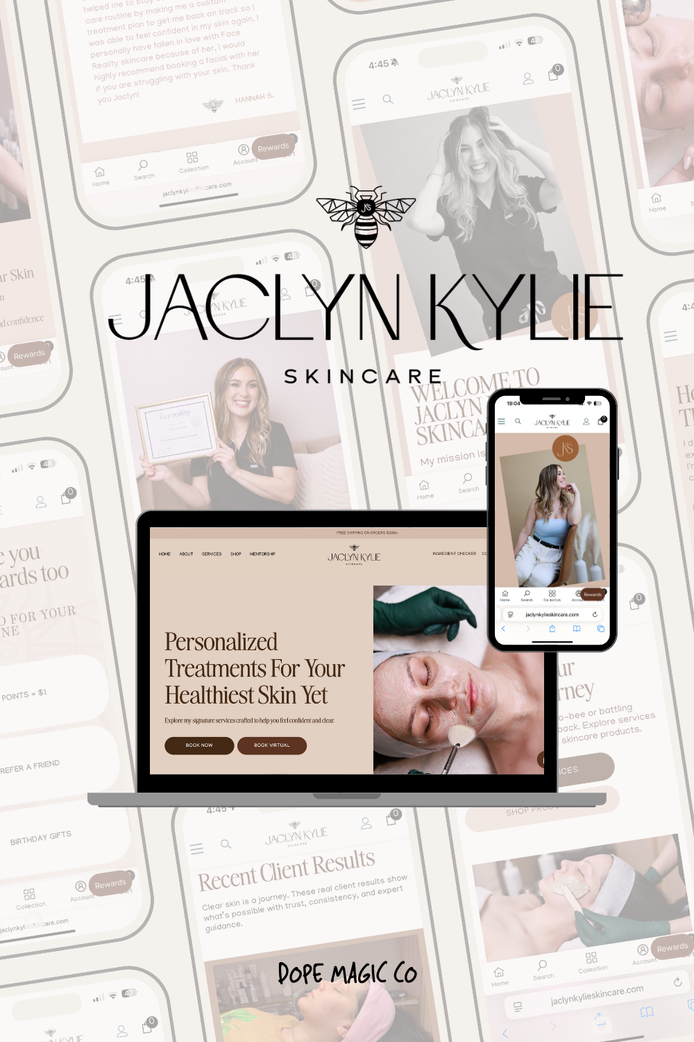 Digital collage of a laptop and phone displaying the Jaclyn Kylie Skincare website featuring products and spa treatments.