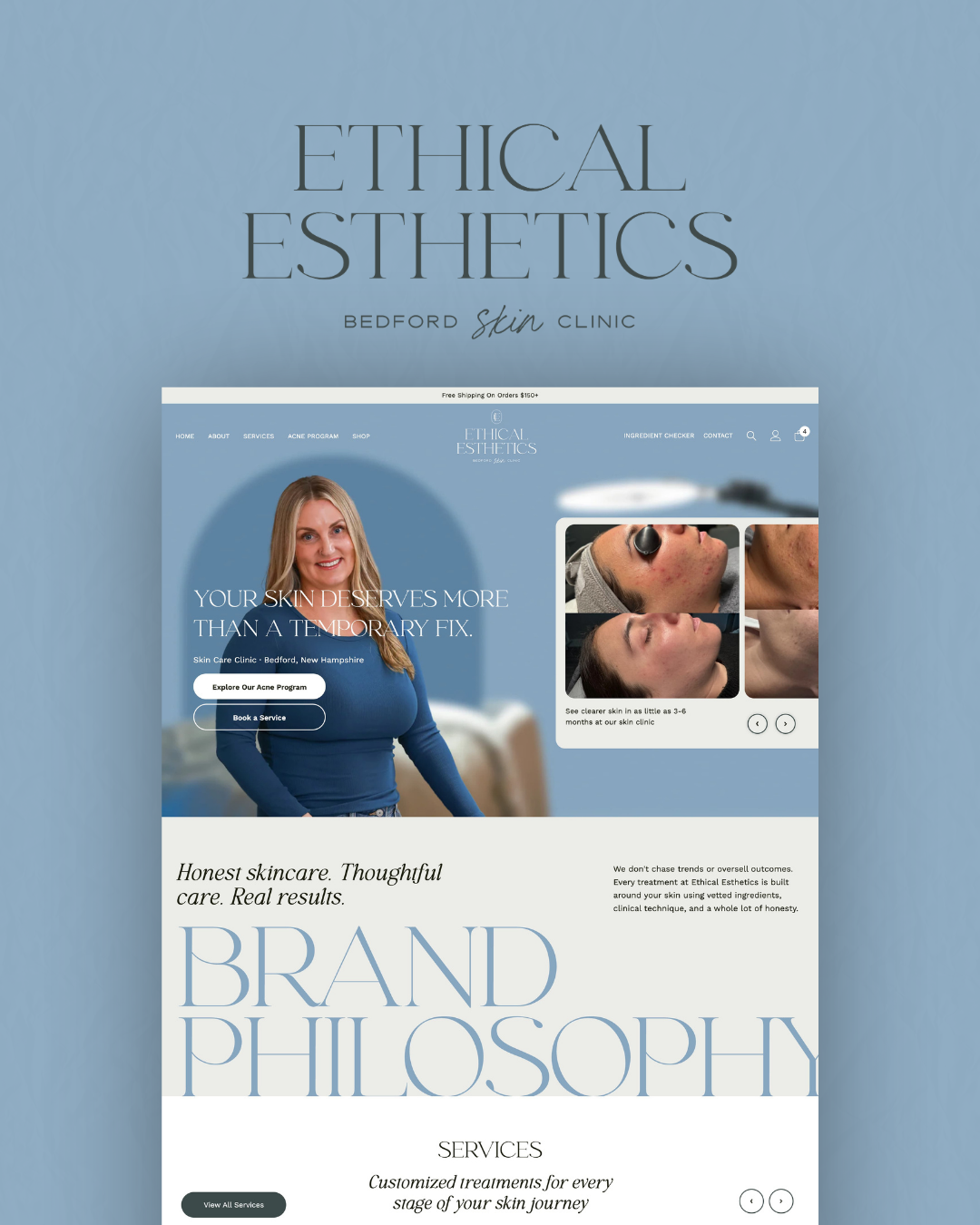 Blue and white ethics website homepage with portrait, video thumbnail, and “Brand Philosophy” headline