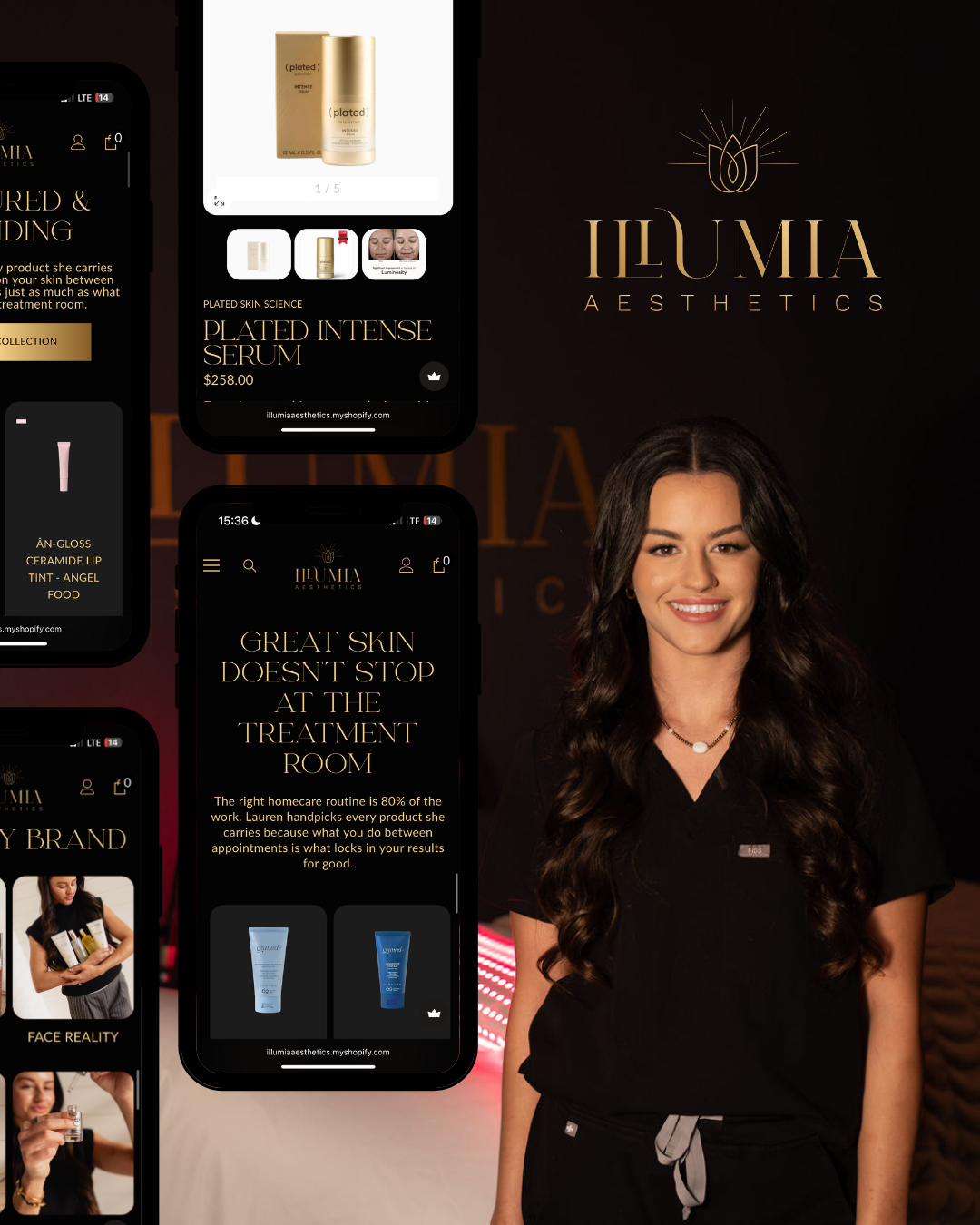 Promotional collage for Iluvia Aesthetics featuring skincare products and a smiling woman on a dark background