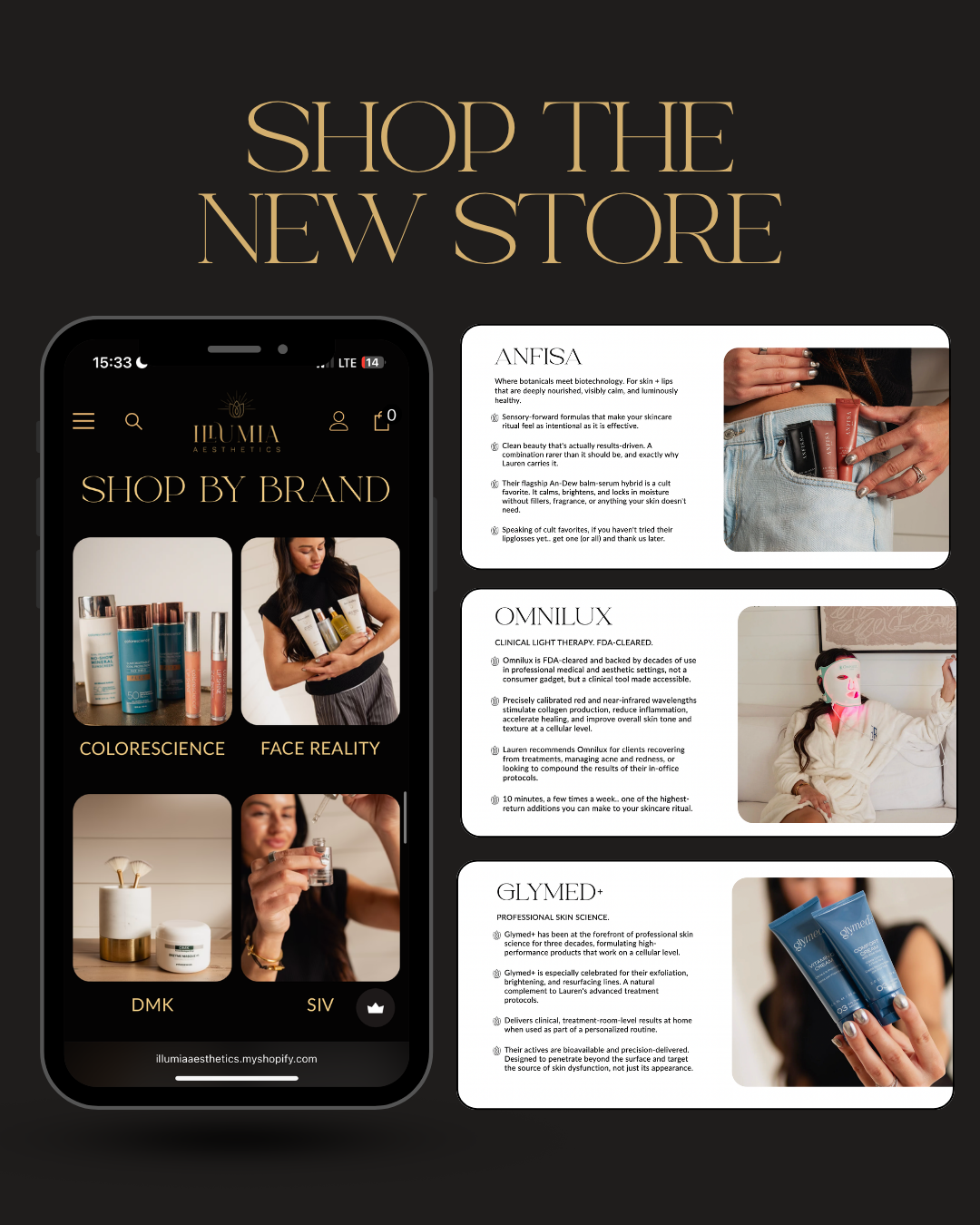Dark e-commerce promo graphic with phone mockup and “Shop the New Store” headline