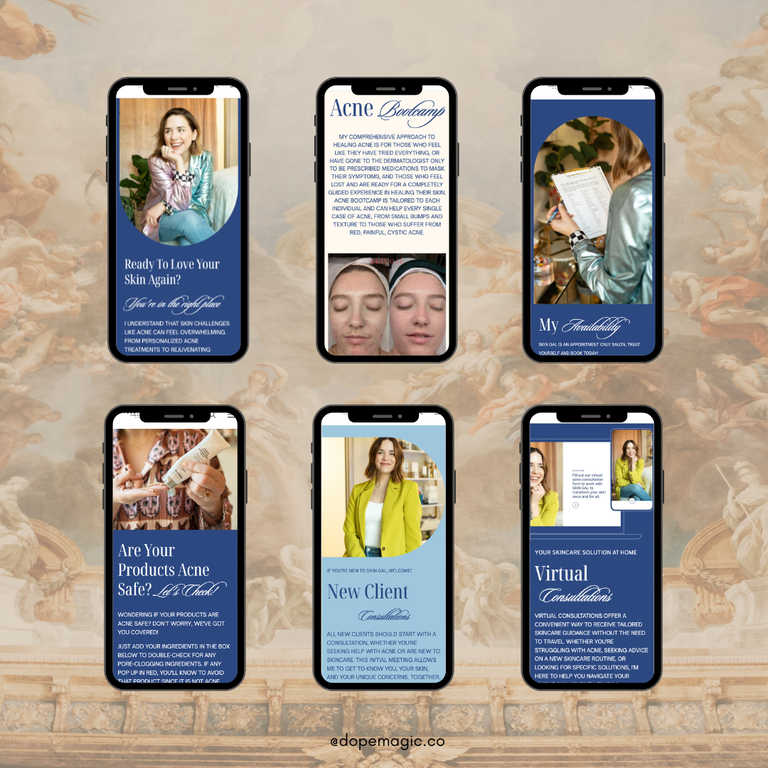 Six smartphone screens displayed against a celestial background, showcasing a business’s service offerings and client process.