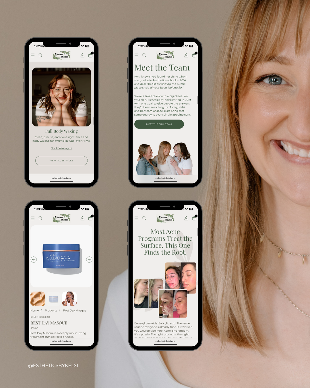 Four smartphone mockups with website screens beside a close-up smiling woman against a beige background