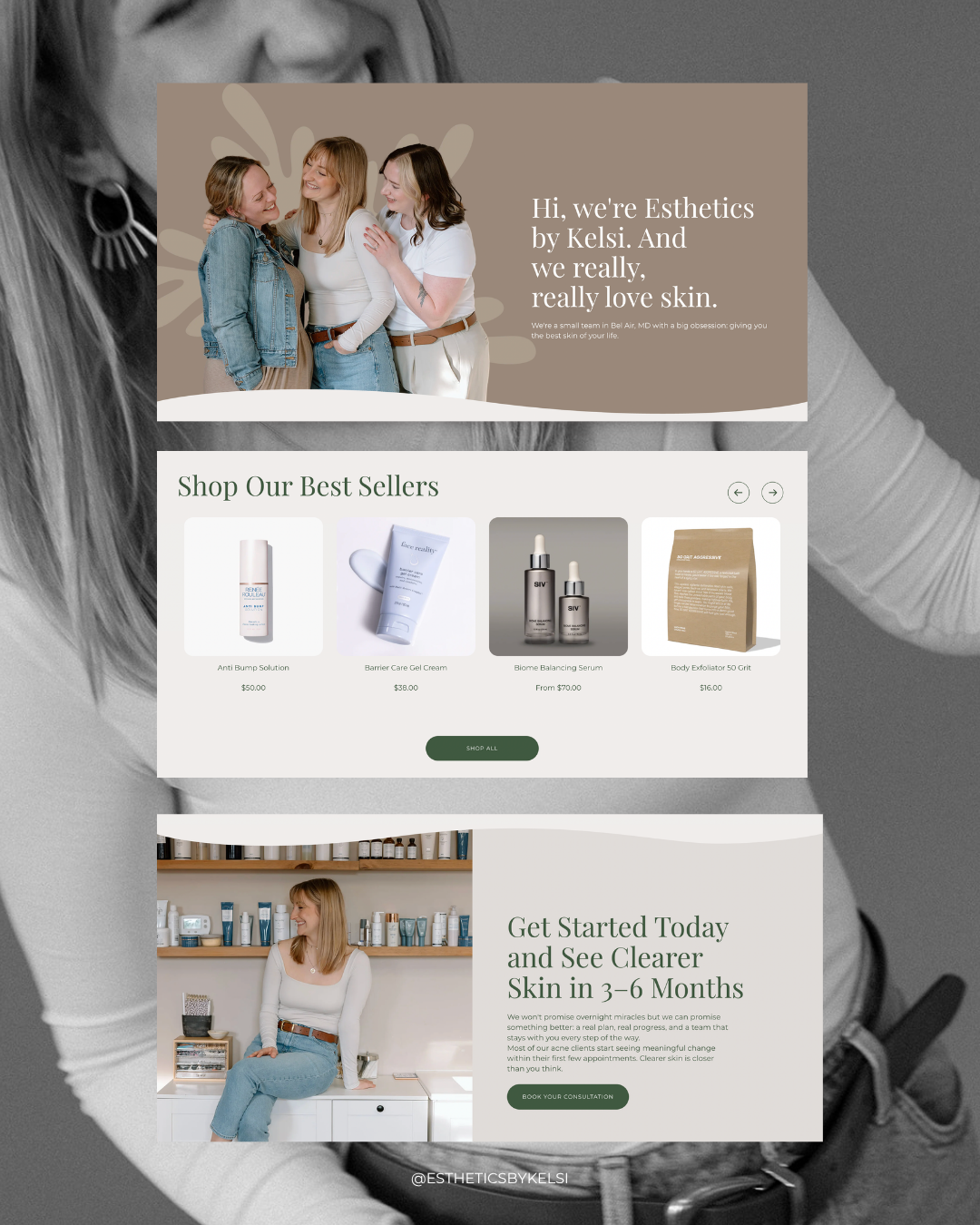 Spa website homepage with product cards, hero banner, and skincare promotion in beige and white styling