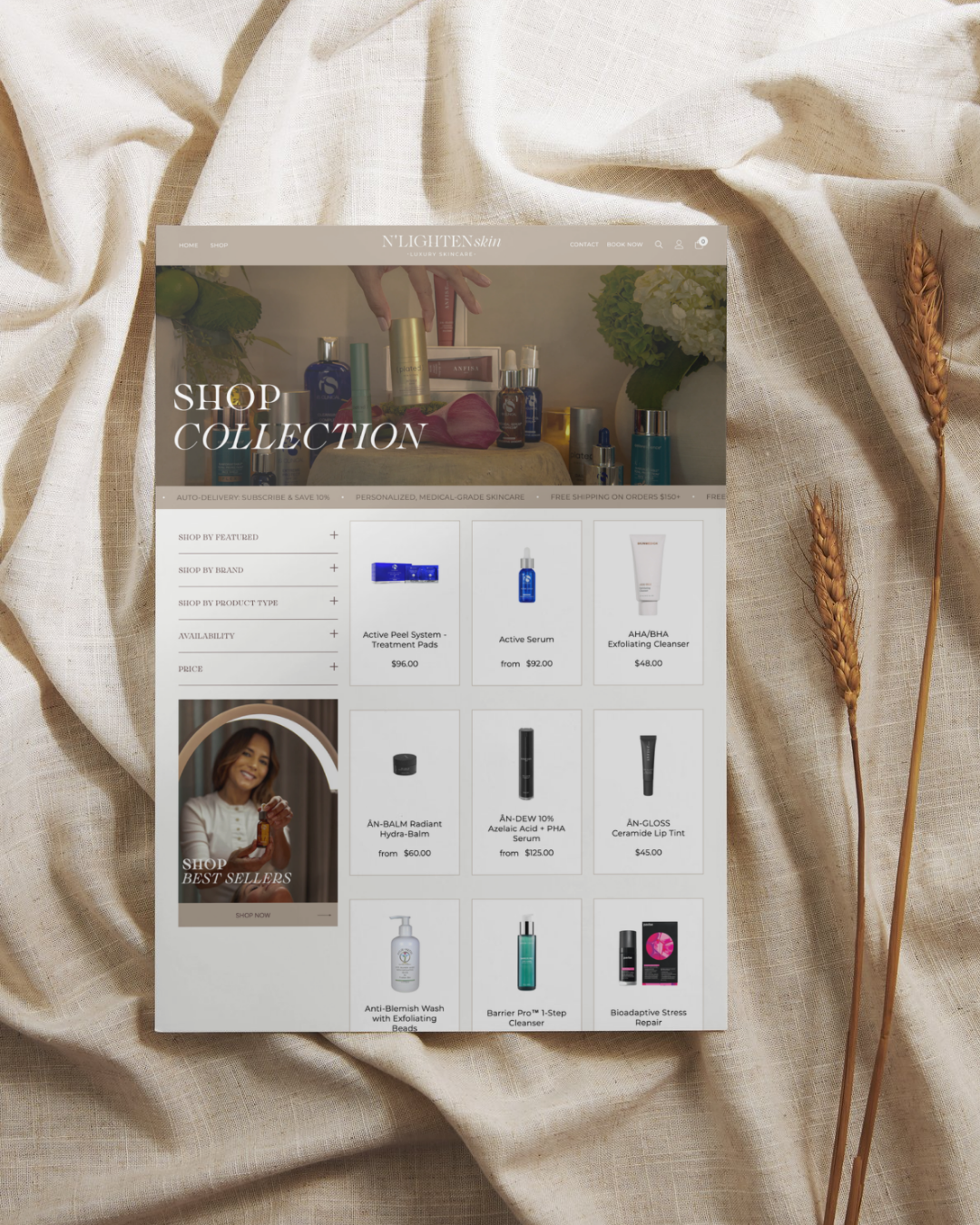 A digital skincare product catalog displayed on a beige background with two wheat stalks on the right.