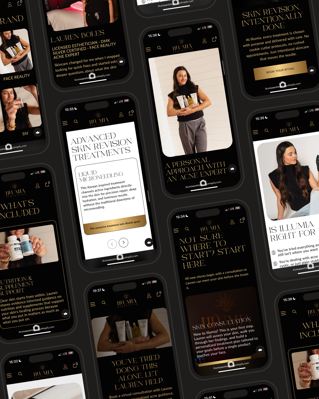 Collage of smartphone app screens showing fashion posts and text on dark backgrounds