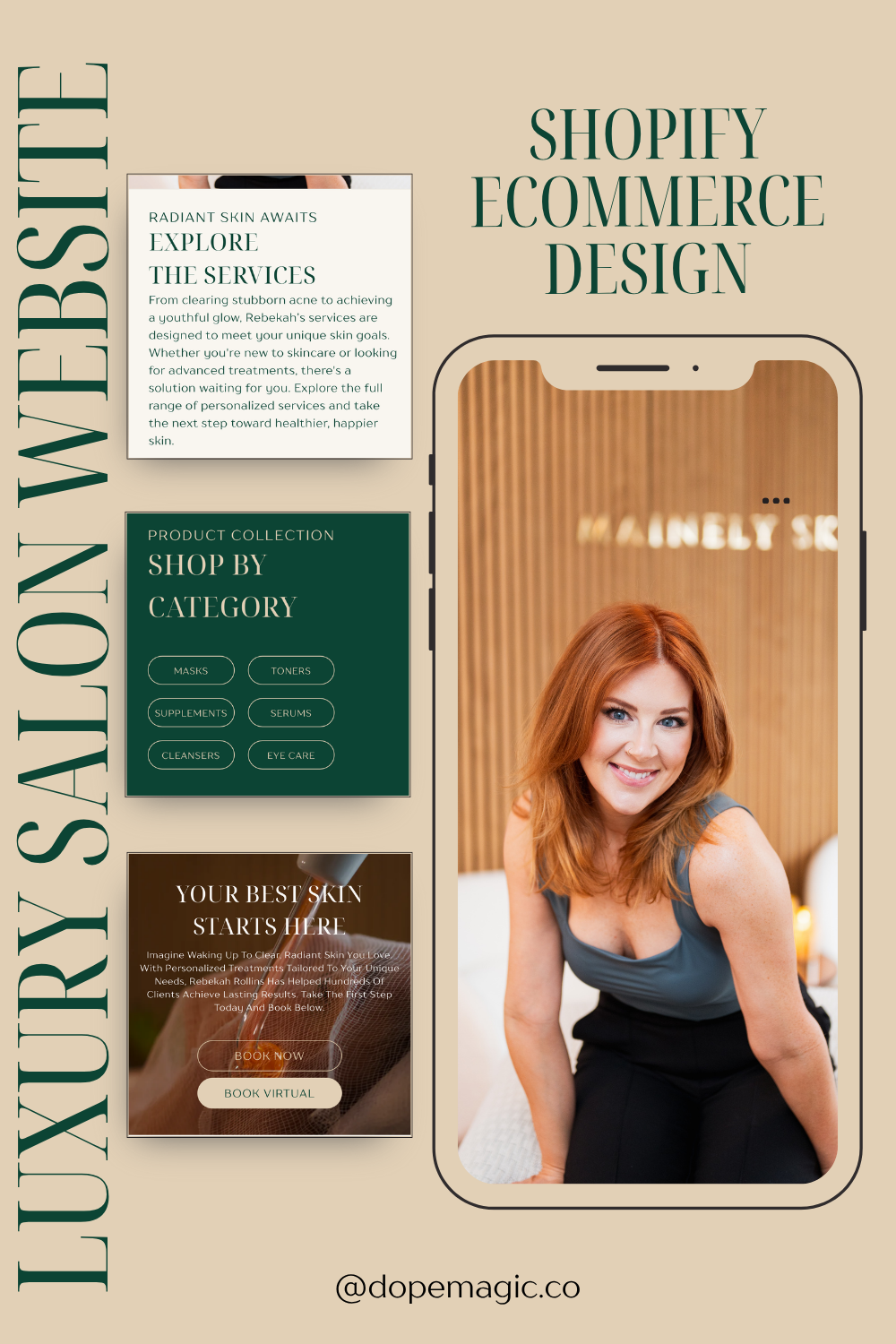 A digital marketing graphic showcasing a luxury salon Shopify website design, featuring a mock-up of a mobile interface.