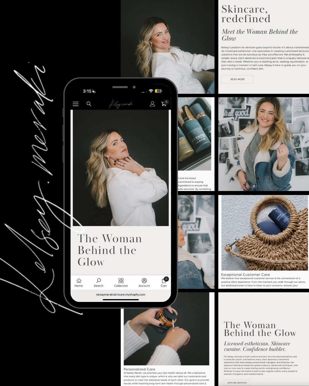 Collage of a woman in white outfits for a fashion or lifestyle brand, with a phone mockup and editorial text.