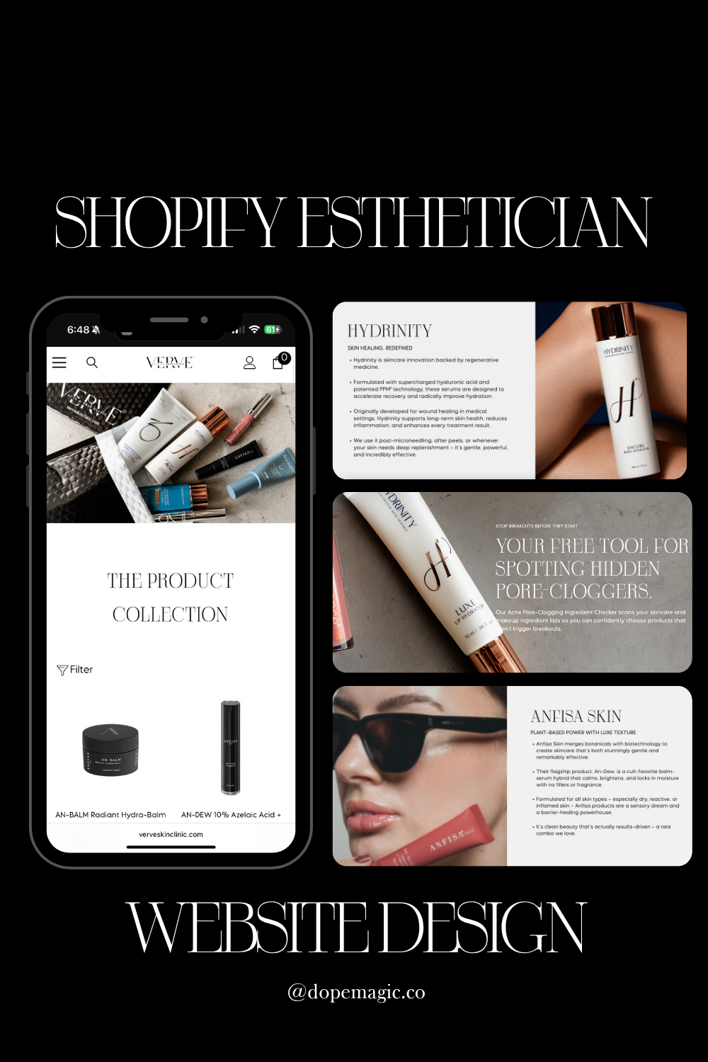 A showcase of Shopify website designs for estheticians, featuring product collections, skincare bottles, and a model.