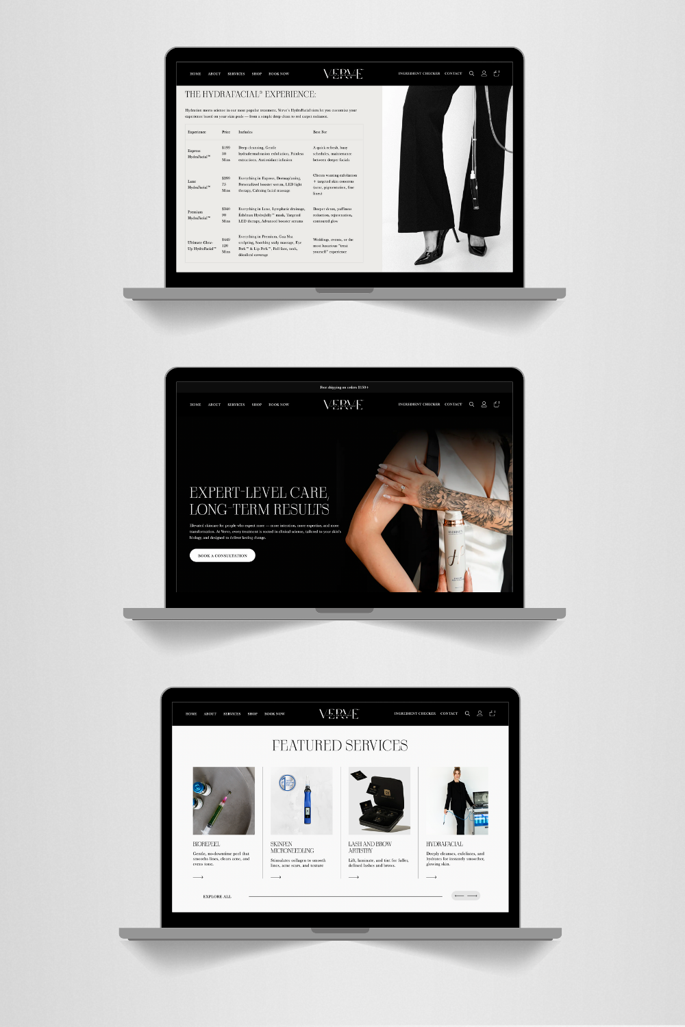 Three laptop mockups stacked vertically, each showing a different fashion website design.