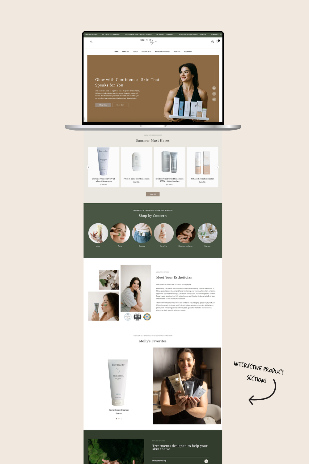 Website mockup on a laptop, showing skincare product sections, customer photos, and a model on a beige background