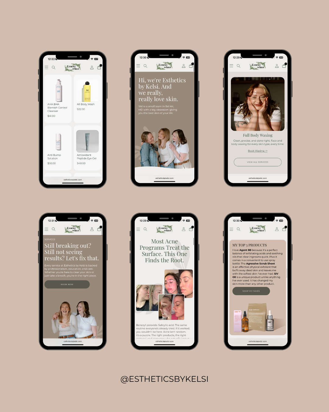 Six smartphone app mockups on a beige background showing beauty/skincare product and content screens