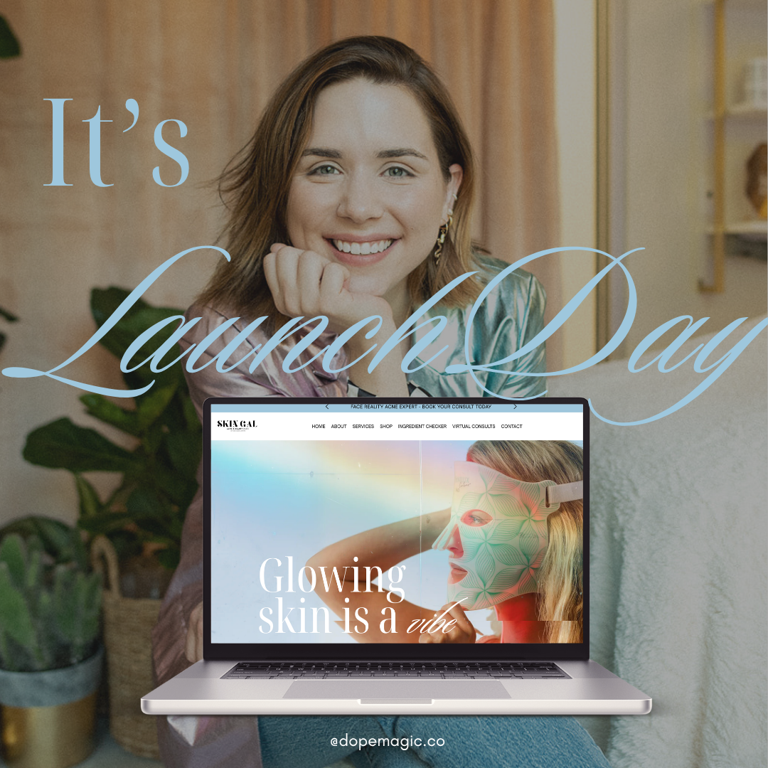 A smiling person holds a laptop displaying a website for glowing skin. The screen reads,