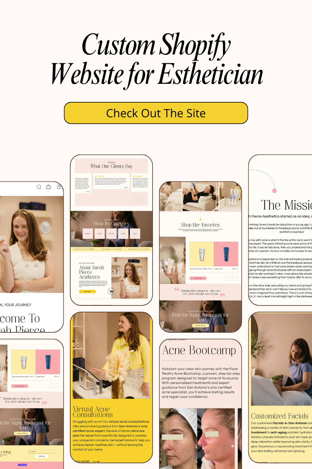 A collage of mobile screens showing a custom Shopify website for an esthetician, with neutral tones and product photos.