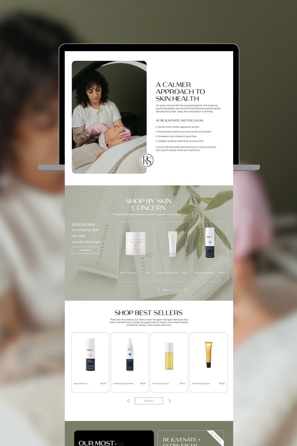 Minimal skincare website mockup with model photo, product sections, and light neutral layout
