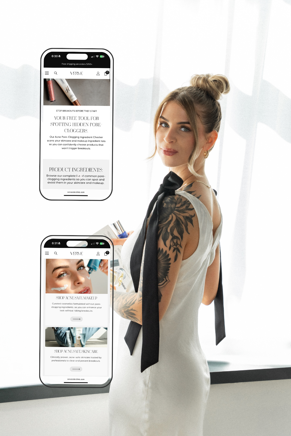Woman in a white dress standing by display screens in a bright studio, showcasing a web layout.