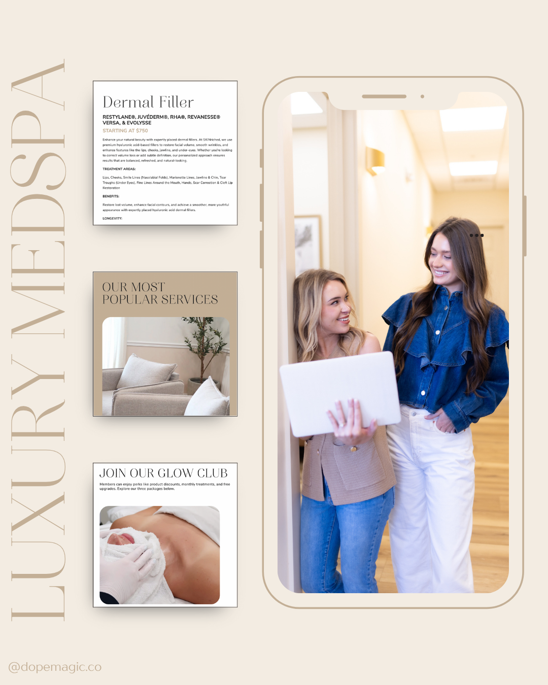 Luxury MedSpa ad. Two women in a clinic, smiling. Includes clinic details and services on a phone mock-up.