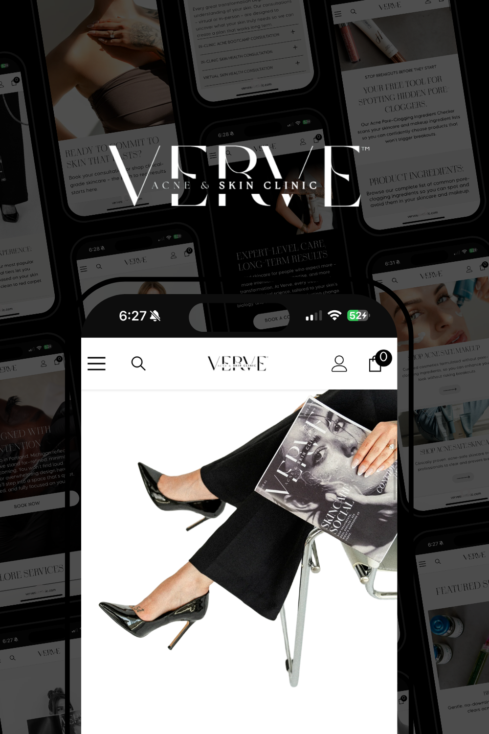 Fashion collage with black heels and a handbag on a shopping app page
