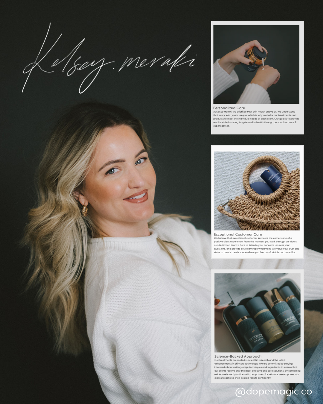 Website for Kelsey Meraki skincare with model's image and product display in blue and white.