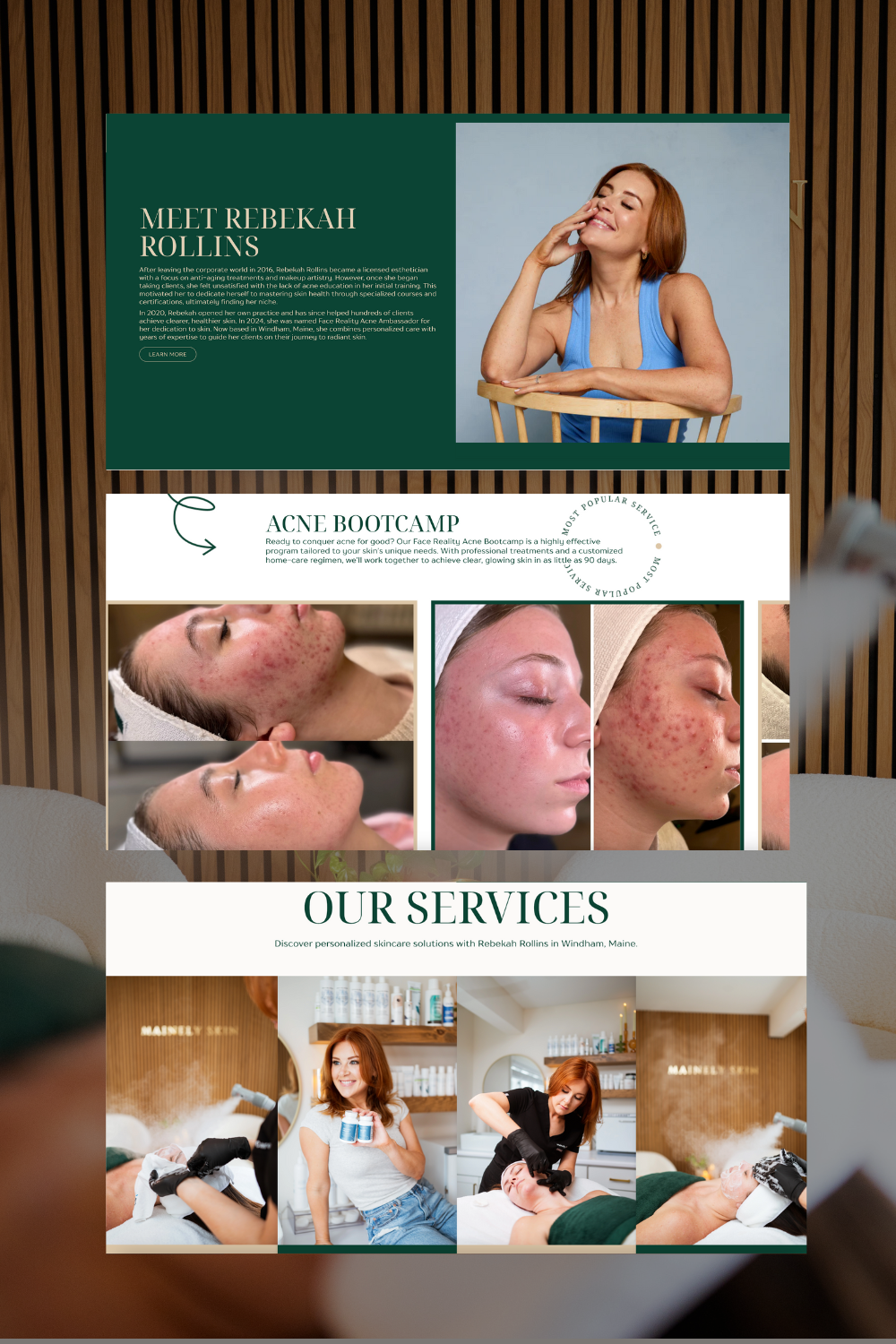 Spa clinic promotional flyer with teal and white sections, service text, and facial treatment photos