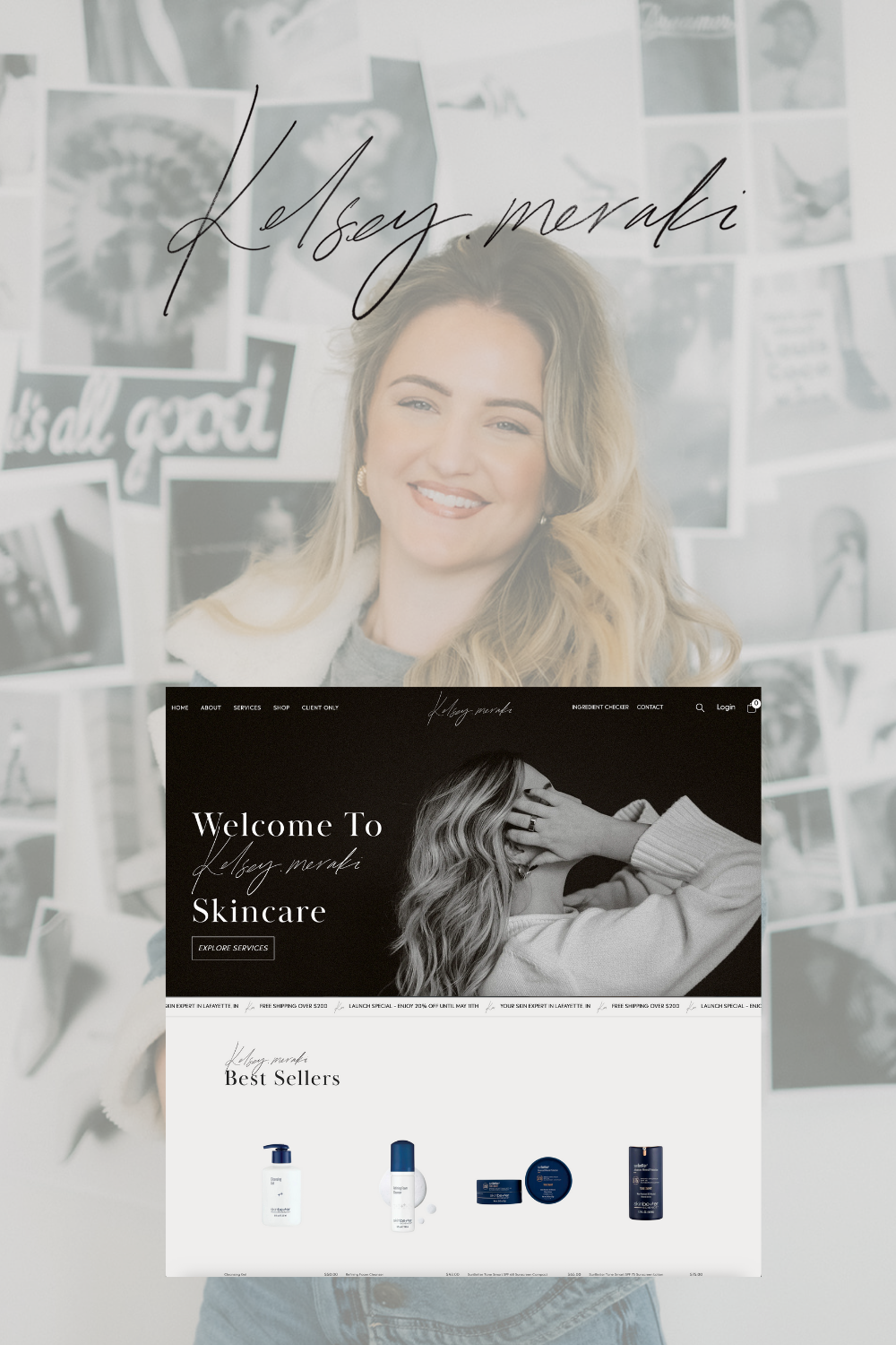 Woman holding a skincare website mockup. Collage background with logo name, and website products displayed at the bottom.