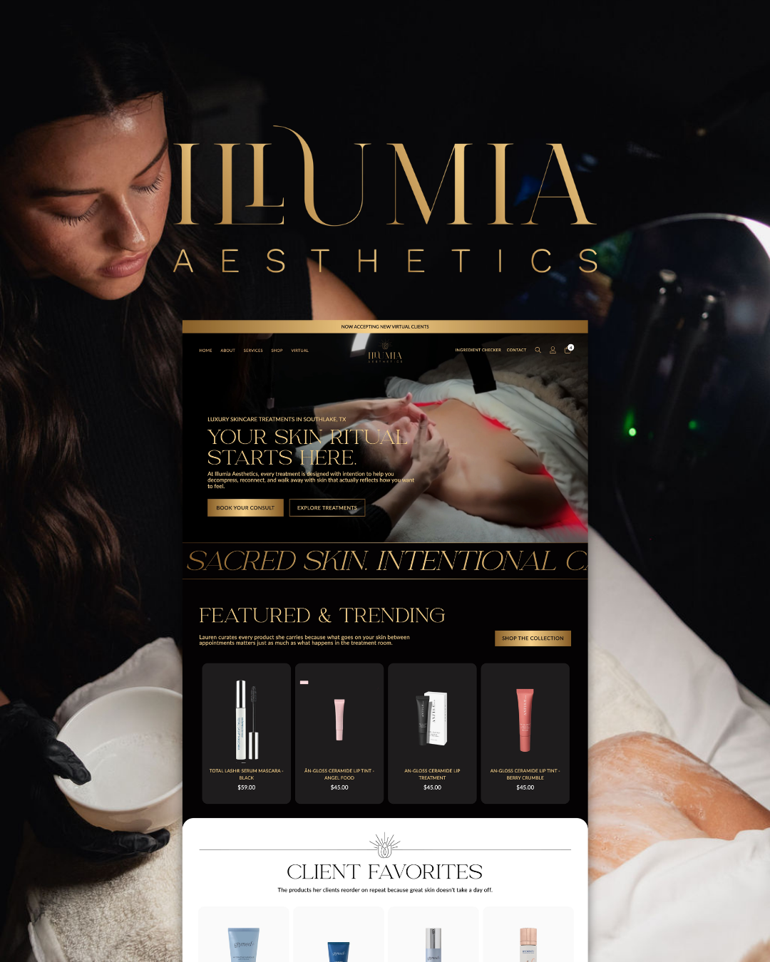 TILUMIA Aesthetics spa promo with model, facial treatment, and product lineup on a dark background