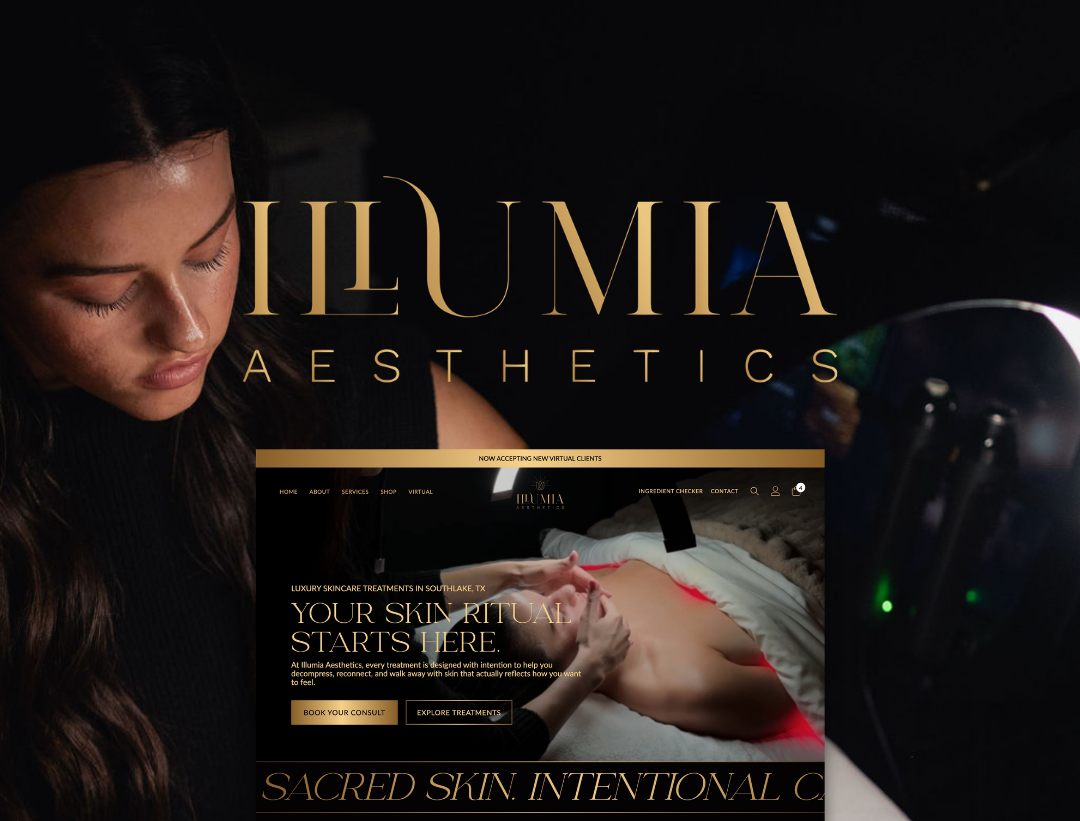 Skin care spa ad with gold text, a facial treatment scene, and a woman’s face at left