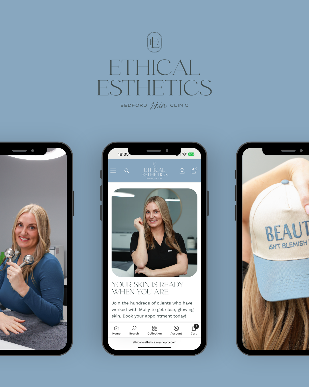 Three phone mockups showing an “Ethical Aesthetics” beauty brand in blue and white.
