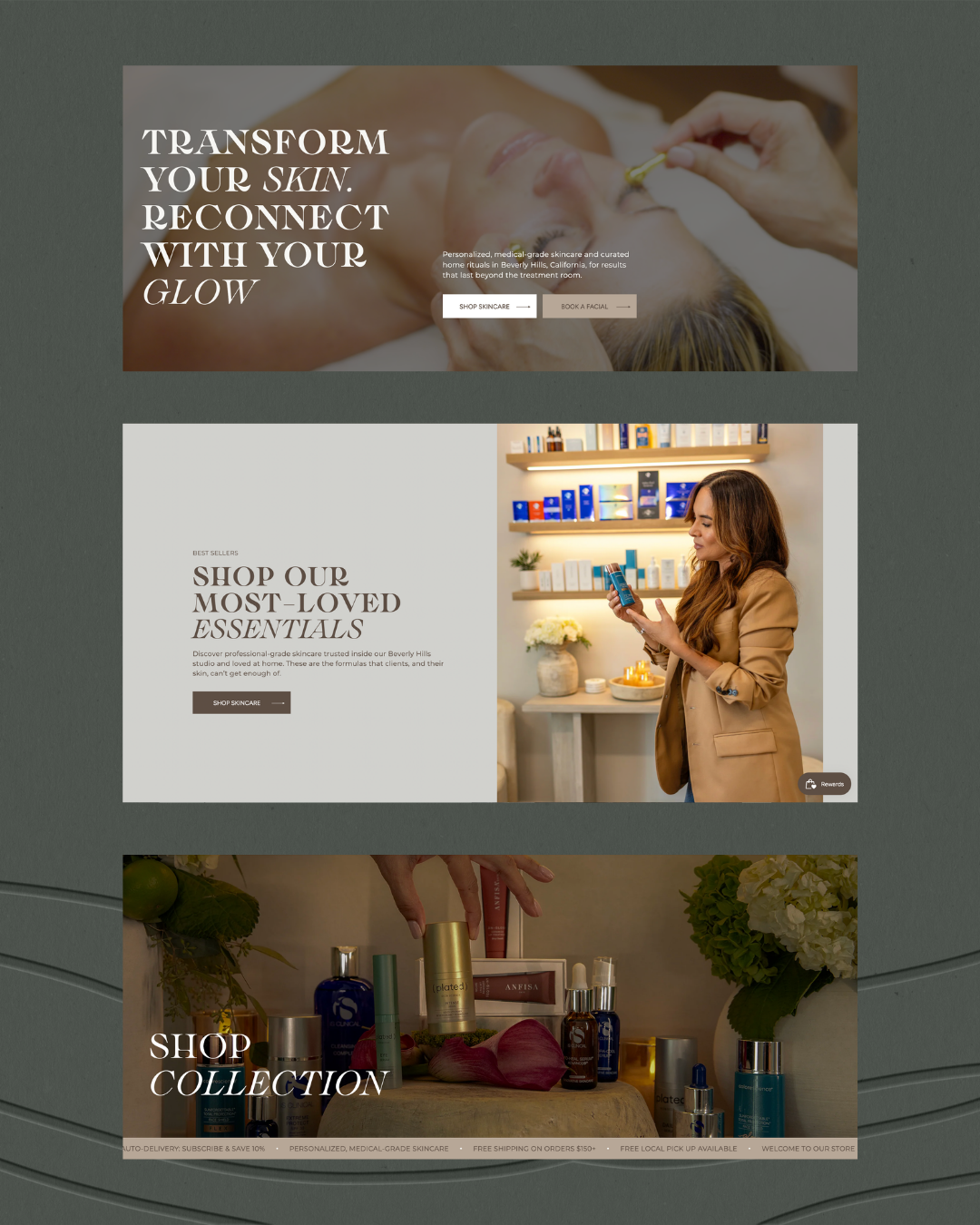 A marketing collage for a skincare brand showing facial treatments, a staff member with products, and a collection display.